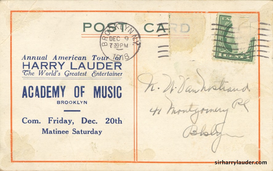 Advertising Post Card Brooklyn Academy Of Music Dec 1918 Reverse