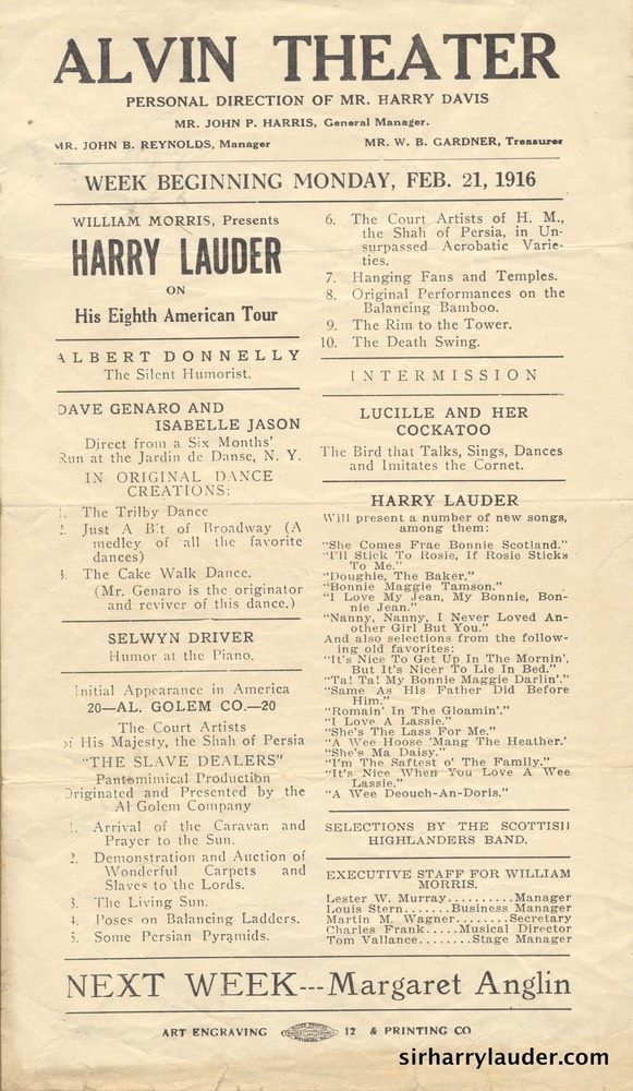Alvin Theater Pittsburgh Program Single Sheet Feb 21 1916