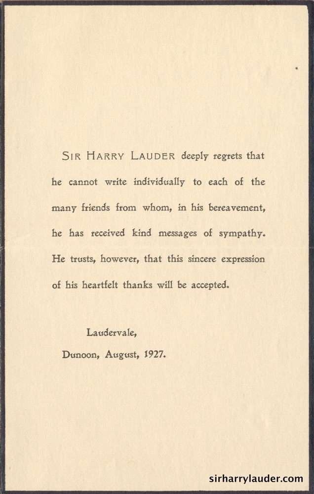 Condolence Acknowledgement Of Death of Lady Lauder August 1927