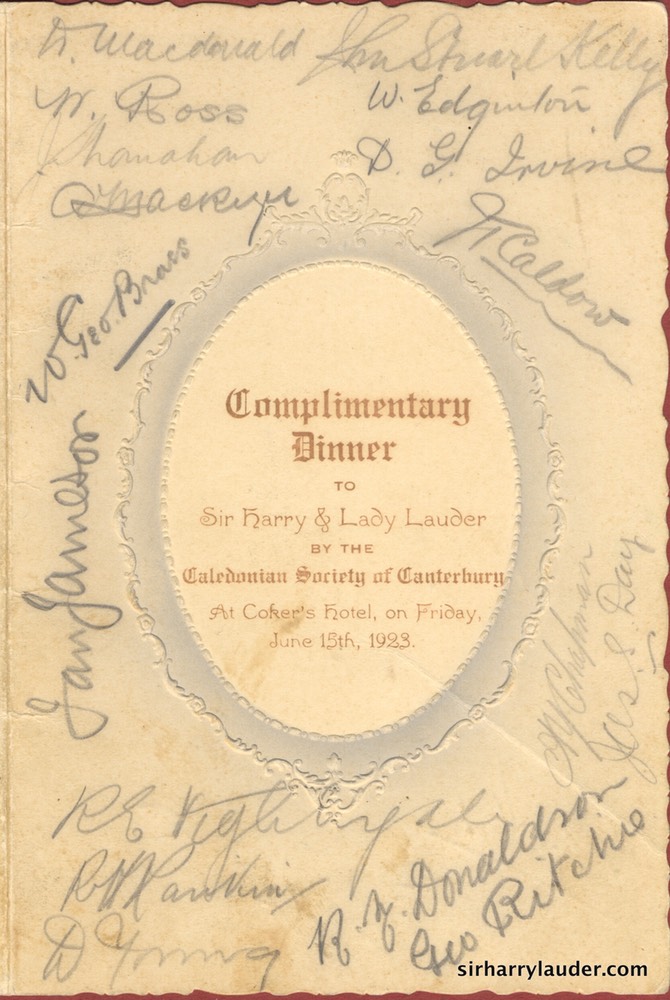 Dinner Menu Dinner For Sir Harry & Lady Lauder Canterbury Caledonian Society Signed Inside Dated Jun 15 1923