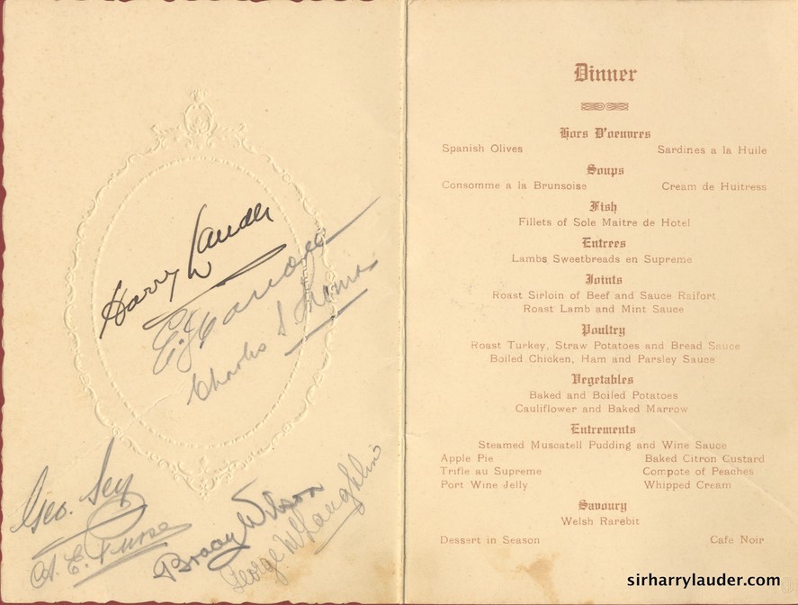 Dinner Menu Dinner For Sir Harry & Lady Lauder Canterbury Caledonian Society Signed Inside Dated Jun 15 1923 Inside
