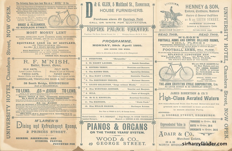 Empire Palace Theatre Edinburgh Programme Dated Apr 29 1895 Reverse