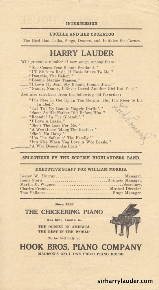 Fuller Opera House Madison Wisconsin Programme Single Sheet 1916? Reverse