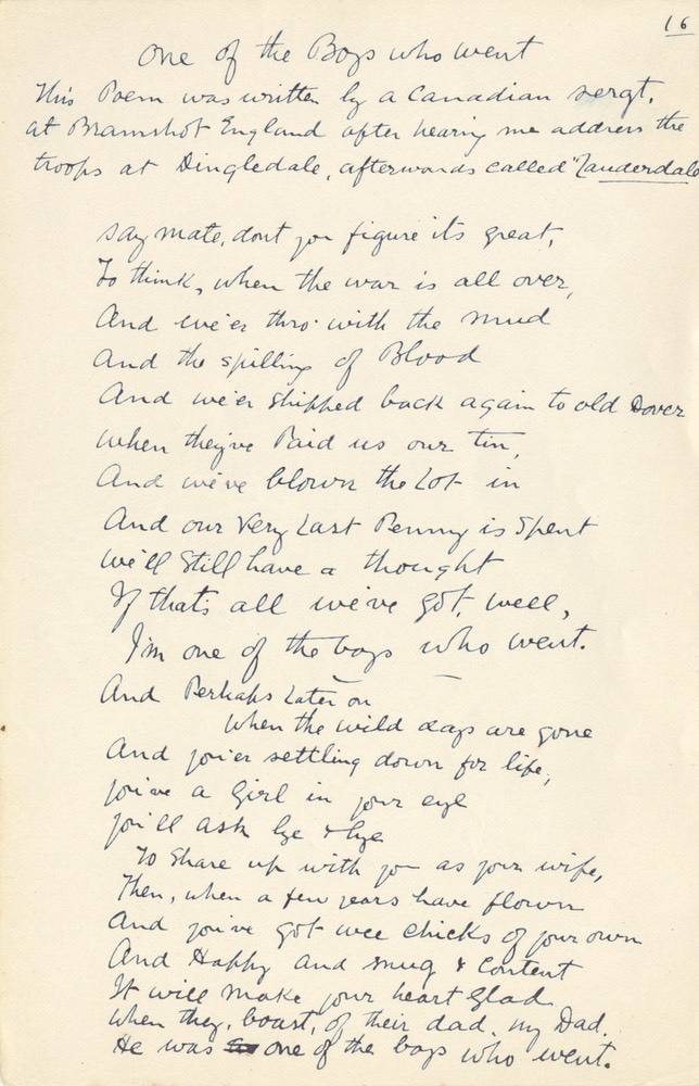 Handwritten Verse One Of The Boys Who Went No 16 Undated