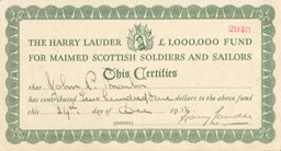 Harry Lauder Fund Certificate Signed By Sir Harry Dated 24 Dec 1918