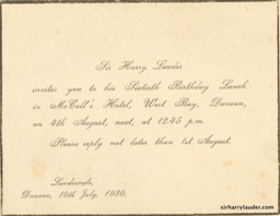 Invitation For Sir Harry 60th Birthday West Bay Dunoon 10th July 1930