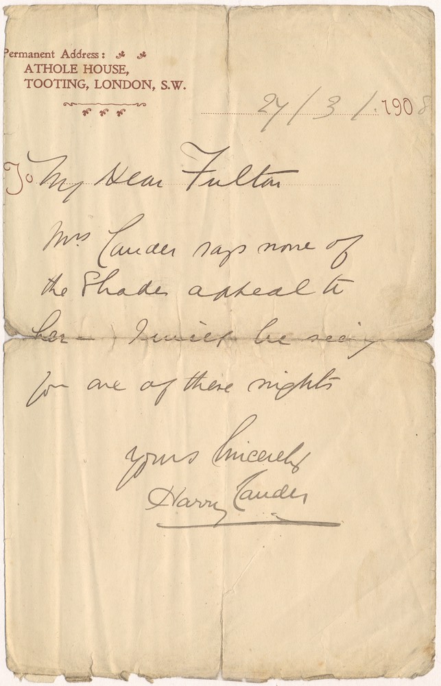 Letter Handwritten from Tooting to Mr Fulton 3 27 1908