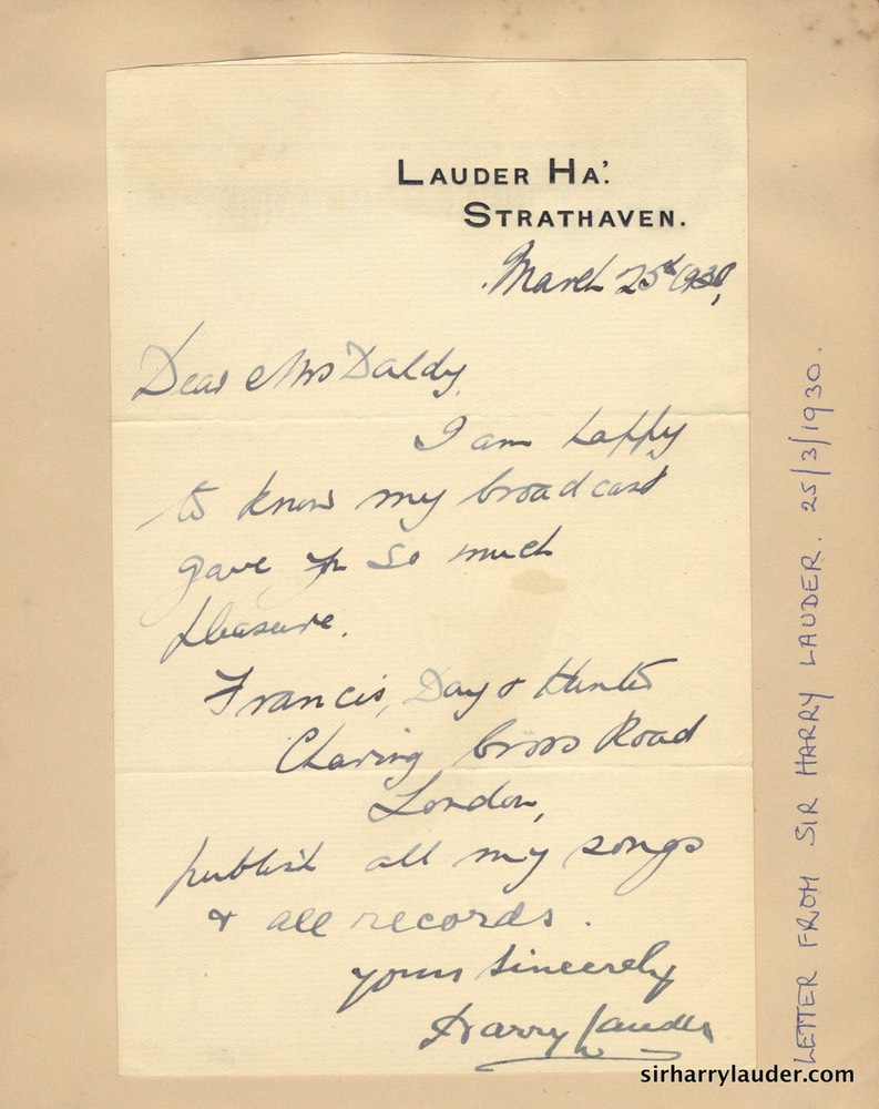 Letter Handwritten Prob By Greta Lauder & Signed By Sir Harry To Mrs Daldy Glued To Album Page Dated Mar 25 193?-001