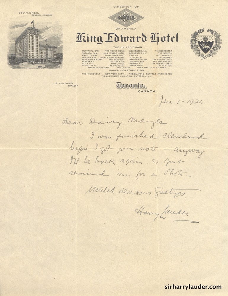 Letter Handwritten To Daisy Mayer On King Edward Hotel Toronto Letterhead Jan 1 1924-001