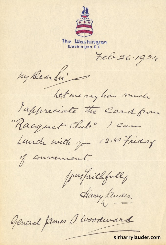 Letter Handwritten To Gen James O Woodward The Washington Letterhead Feb 26 1924-001