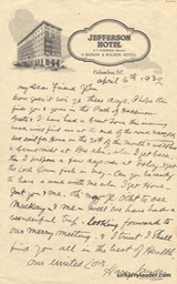 Letter Handwritten To John McKay On Jefferson Hotel Columbia SC Letterhead Apr 6 1930