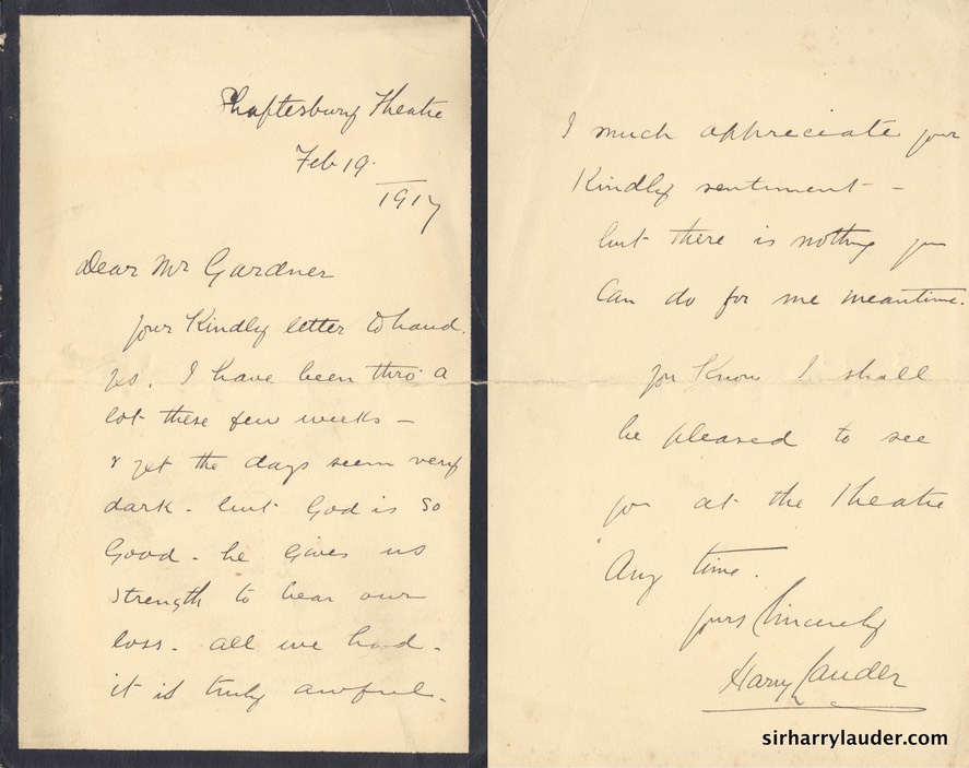 Letter Handwritten To Mr Gardner Mourning Stationary Shaftesbury Theatre Feb 19 1917 