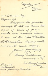 Letter Henry Vallance Handwriten to Mr Coleman Nov 2 1935