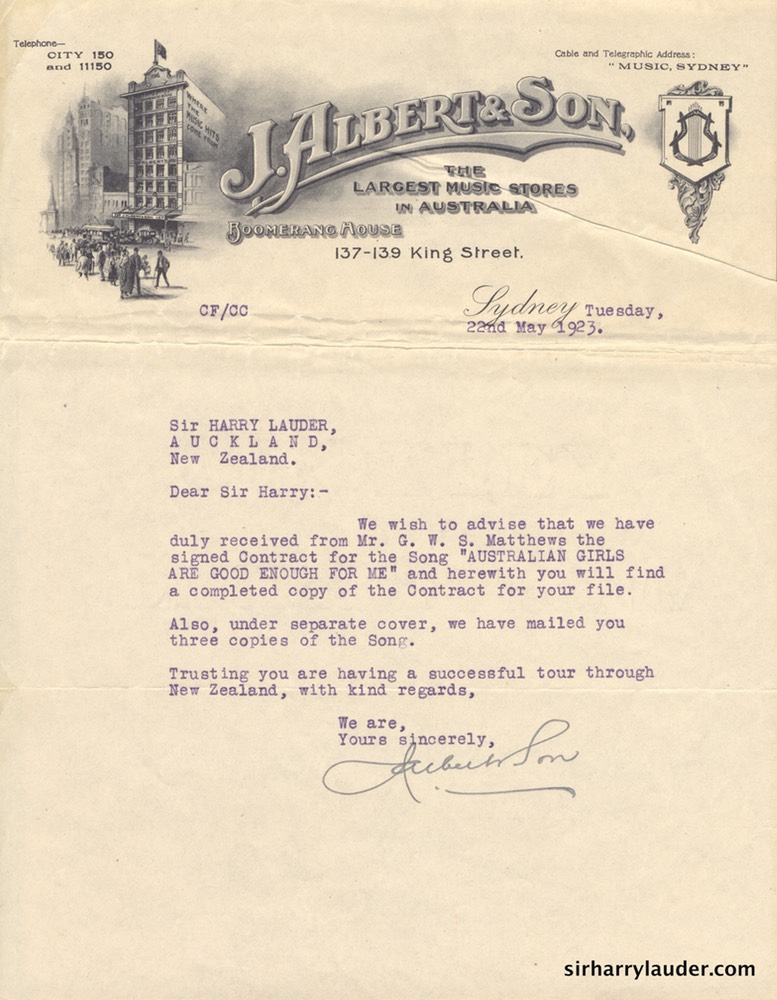 Letter Typewritten To Sir Harry Re Song Publishing Agreement 22 May l 1923
