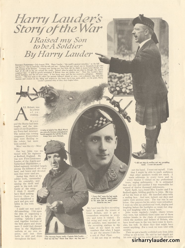 Magazine Article Hearsts Harry Lauders Story Of The War -1