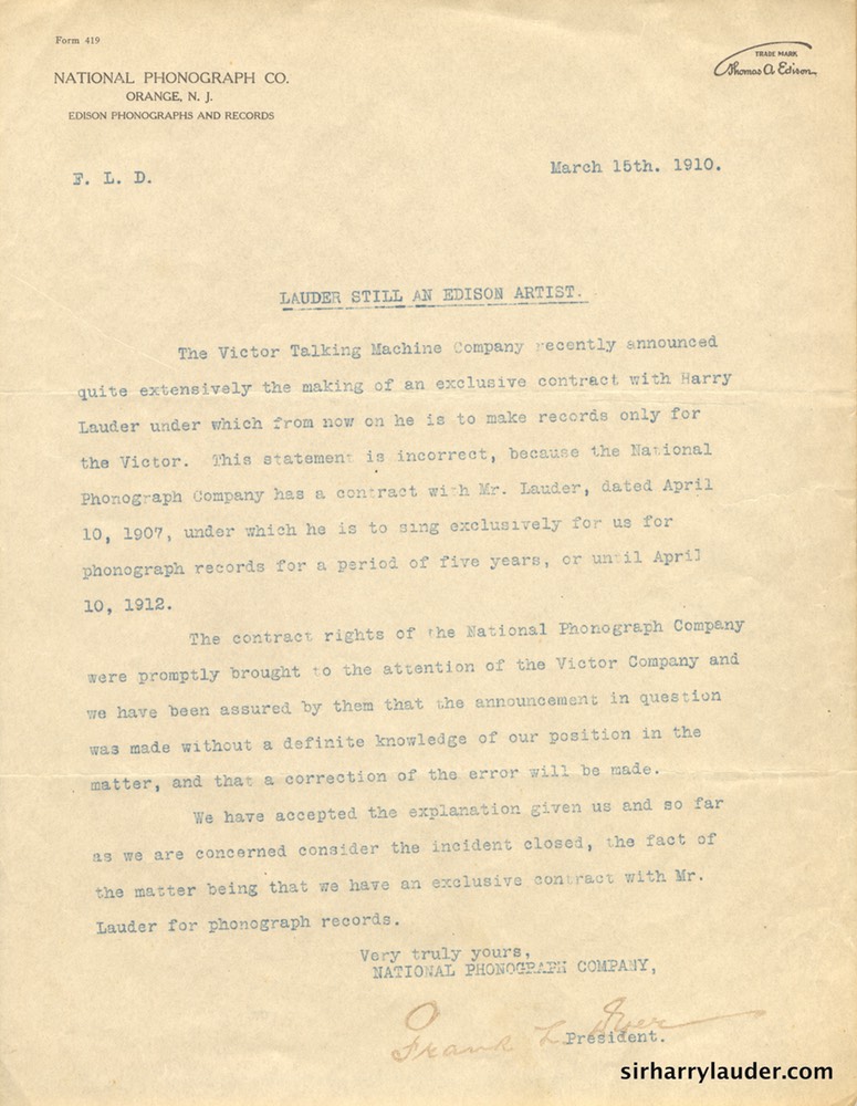 National Phonograph Co Lauder Still Edison An Artist Mar 15 1910