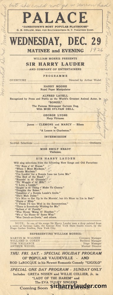 Palace Jamestown New York Programme Single Sheet Dec 29 1926