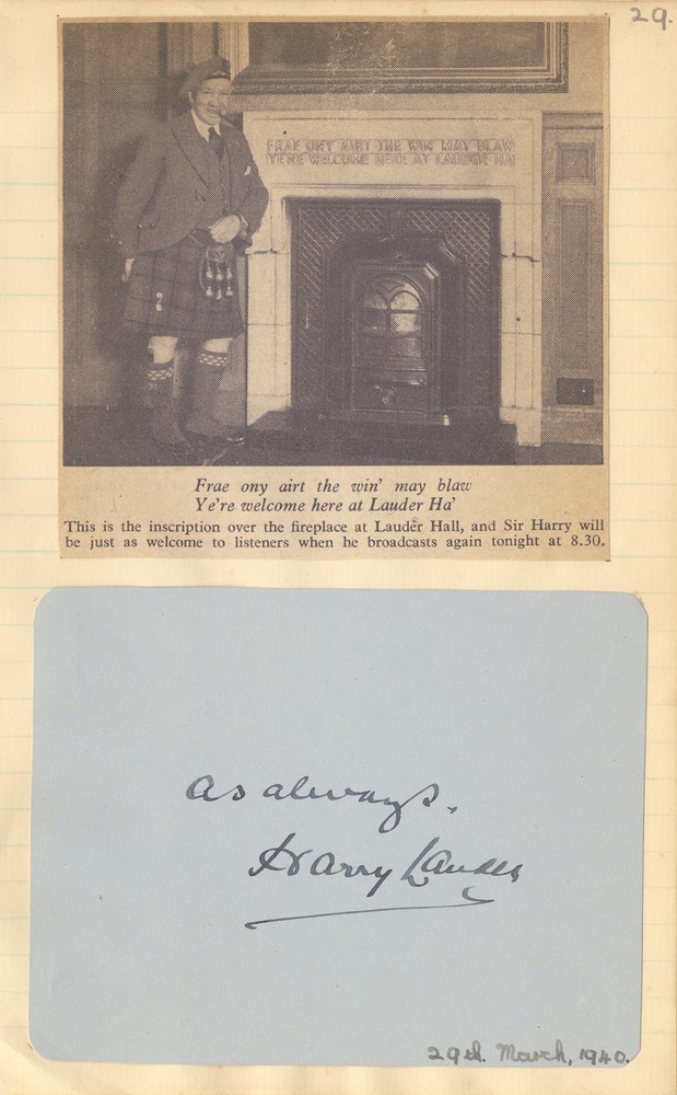 Photo Newspaper Sir Harry at Lauder Ha Fireplace 1940?