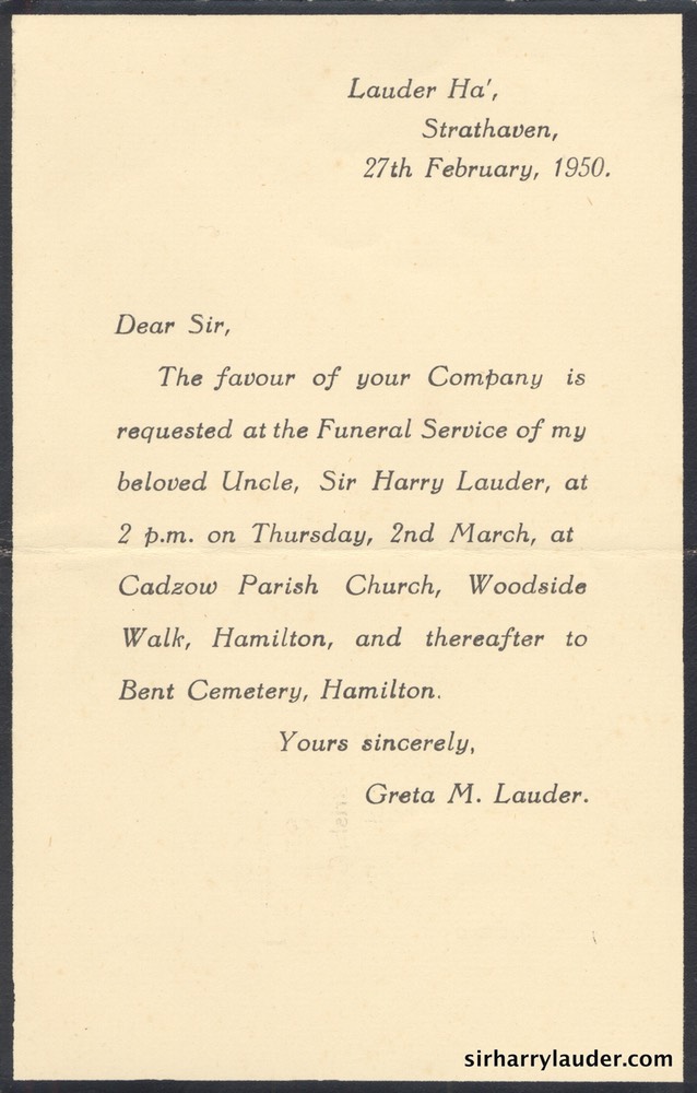 Printed Invitation From Greta Lauder To The Funeral Of Sir Harry Lauder 27 Feb 1950