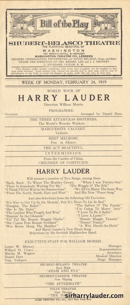 Shubert-Belasco Theatre Washington DC Programme Single Sheet Feb 14 1919