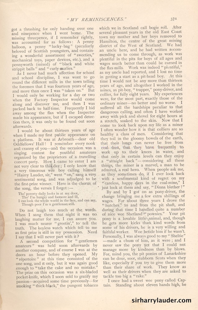 Strand Magazine My Reminiscenes By Harry Lauder April 1909 -2