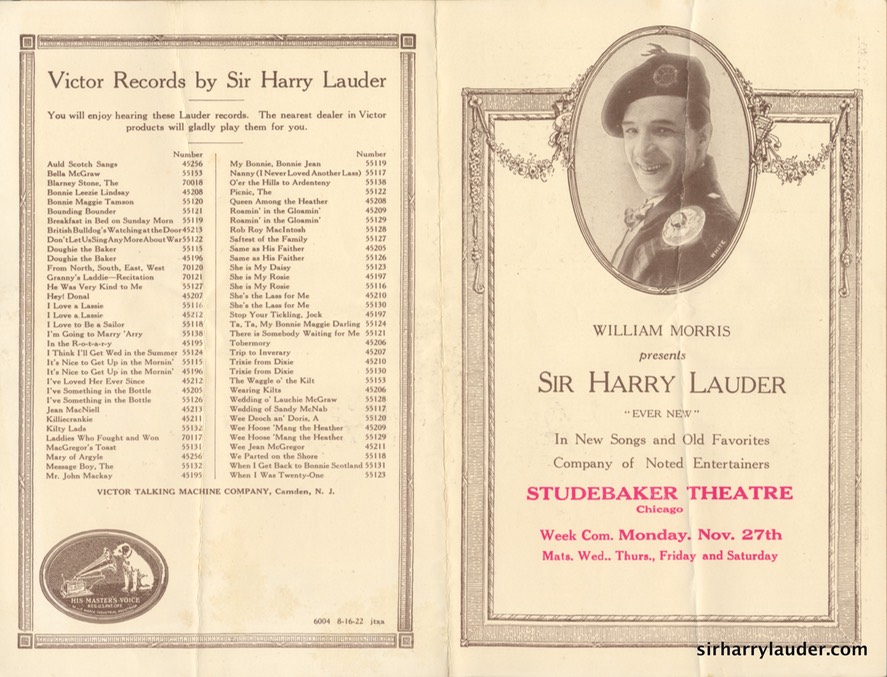 Studebaker Theatre Chicago Programme Bi-Fold Nov 27 1922