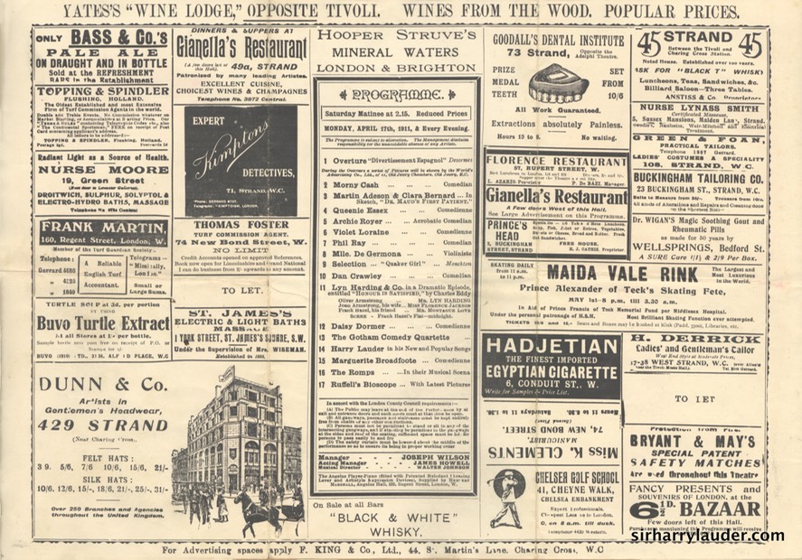 Tivoli London Programme Tri-Fold April 17 1911 Reverse