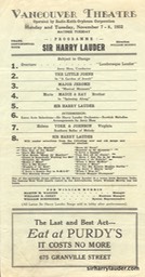 Vancouver Theatre Vancouver Programme Single Sheet Nov 7-8 1932