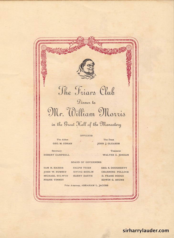 William Morris Friar's Club Dinner Programme April 28 1918 -03
